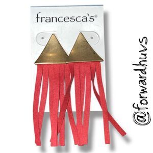 Francesca’s Brass Tone Triangle Red Suede Fringe Earrings